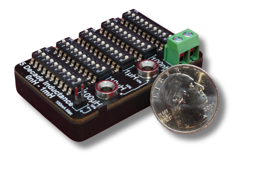 5 decade Inductance Board with coin for size comparison